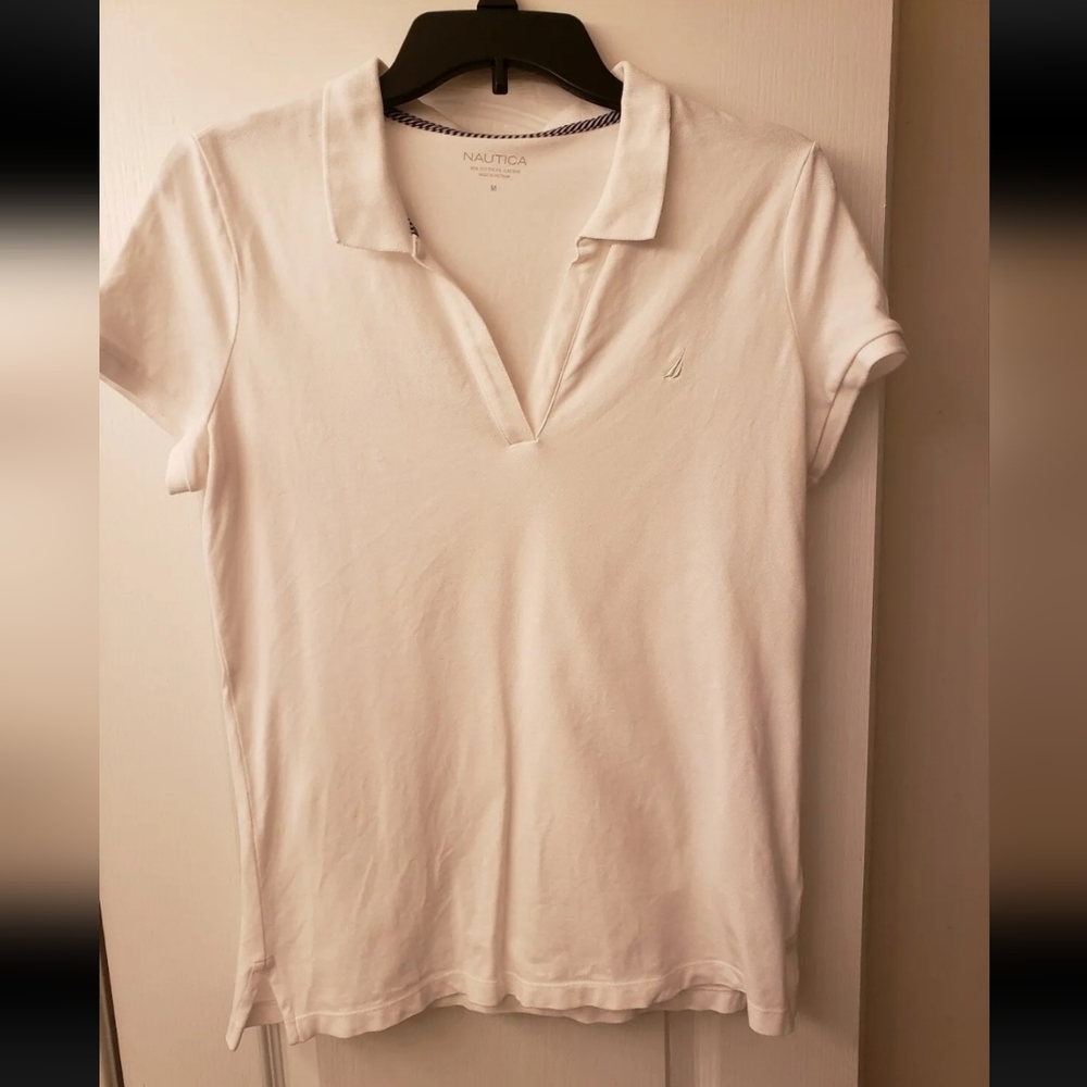 Nautica White V Neck Polo Shirt Sz M